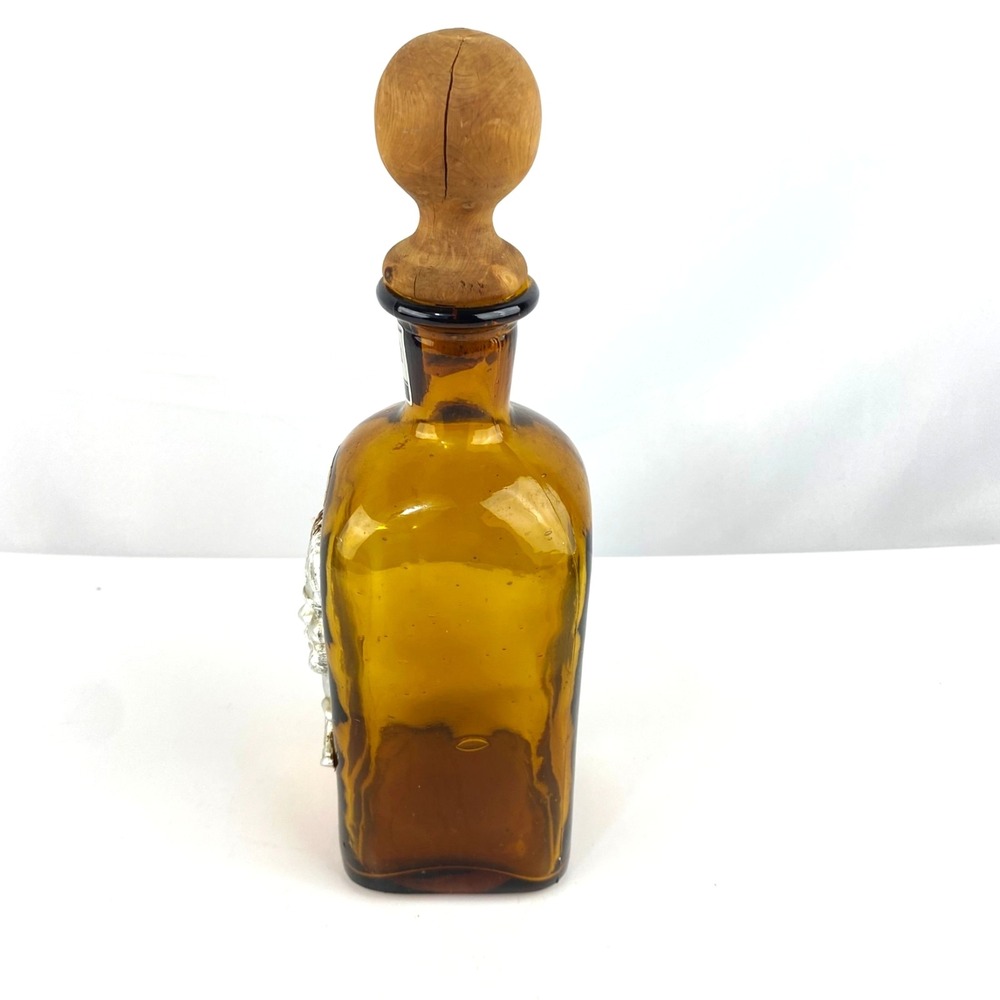 Amber Liquor Bottle of Sancho Panza Wood Cork Top Empty Nickel Silver Relief 12" - Picture 4 of 9